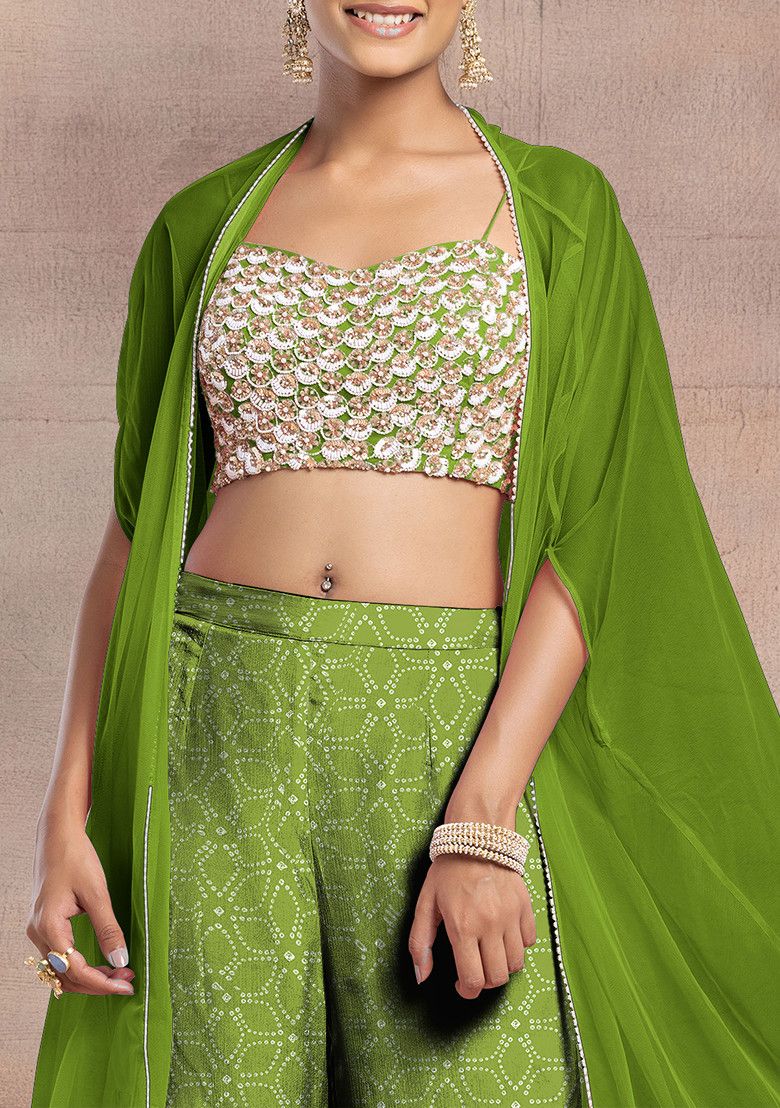 Green Sharara Set With Pearl Sequin Hand Embroidered Blouse And Mesh Jacket