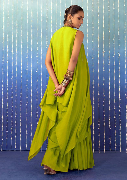 SAMANT X LUXE Lime Green Jacket Set With Floral Embroidered Strappy Blouse And Draped Skirt