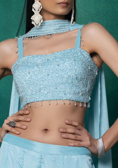 Seafoam Sharara Set With Sequin Pearl Hand Work Blouse And Choker Dupatta