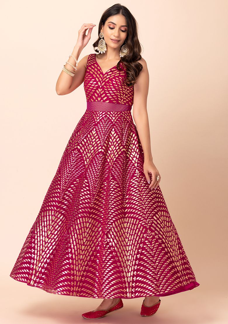 Fuchsia Pink Foil And Thread Embroidered Anarkali Gown