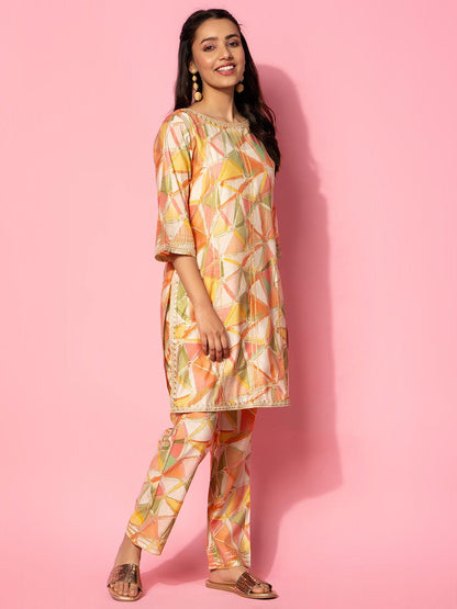 Peach Printed Silk Blend Co-Ords