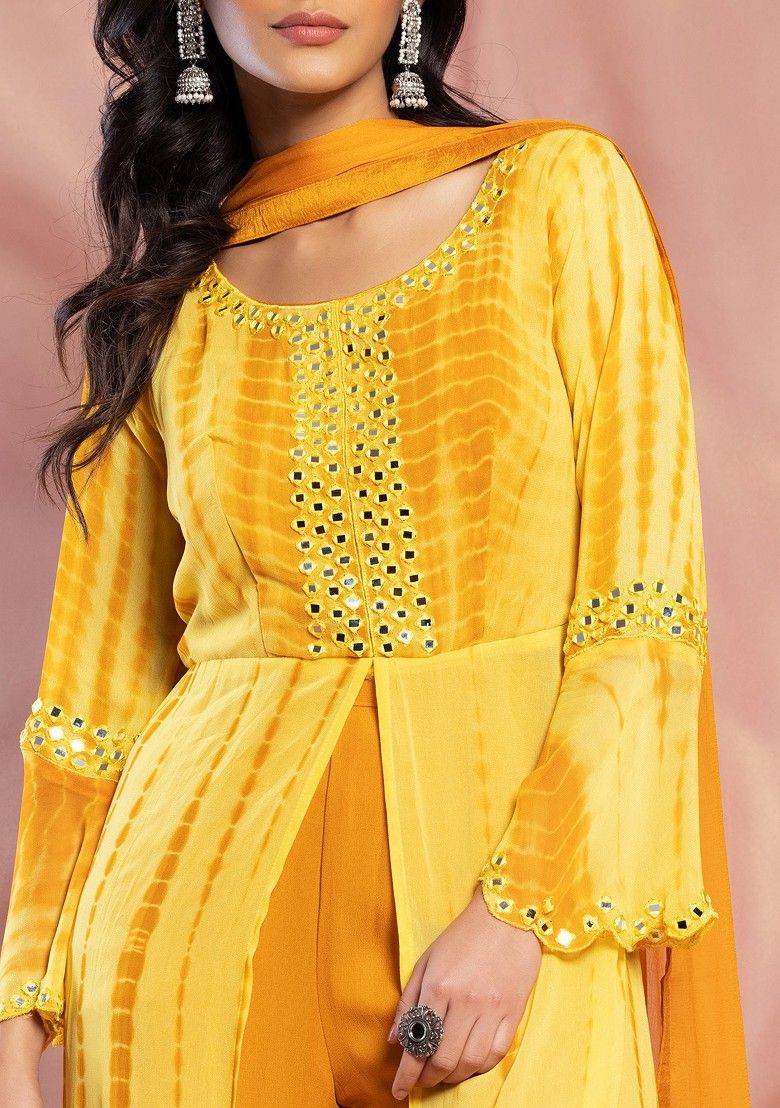 Mustard Tie Dye Print Embroidered Kurta Set With Palazzo And Dupatta