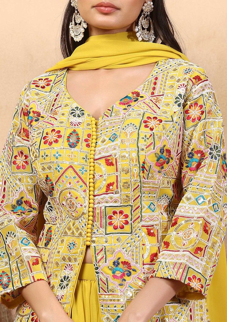 Yellow Floral Sequin Embellished Kurta Set With Palazzo And Dupatta