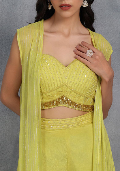 Yellow Sharara Set With Sequin Cutdana Embellished Blouse And Jacket