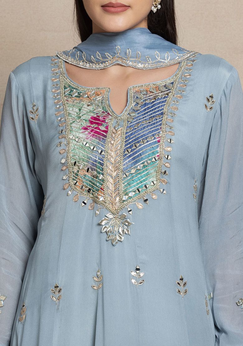 Grey Mirror And Gota Patti Embroidered Anarkali With Embroidered Dupatta