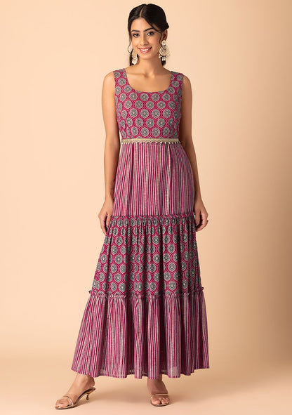 Dark Pink Ajrakh Print Tiered Maxi Dress With Dori Belt (Set of 2)