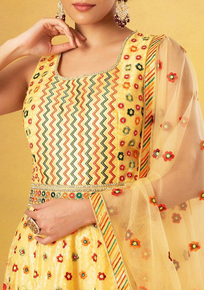 Yellow Floral Thread Embroidered Organza Anarkali Gown With Dupatta