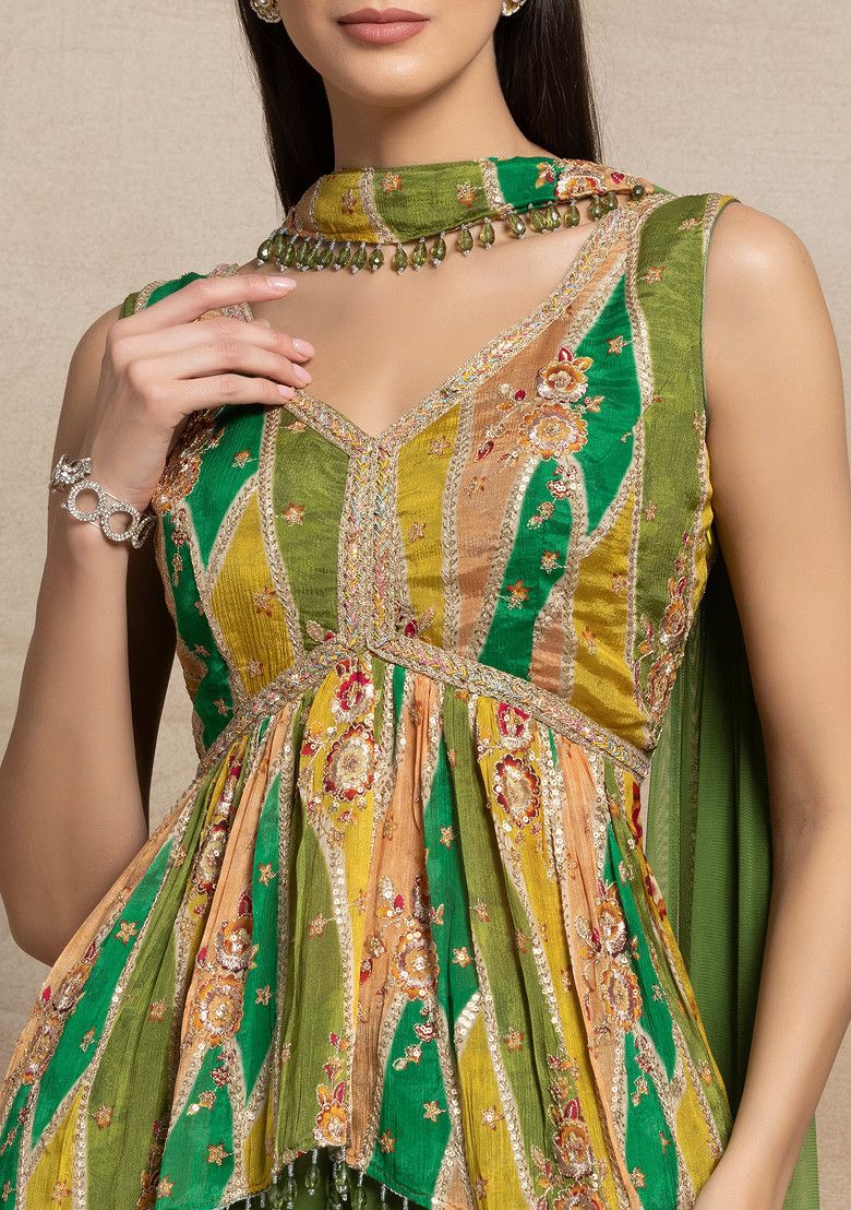 Green Zari Sequin Embellished Short Kurta Set With Dhoti Pants And Dupatta