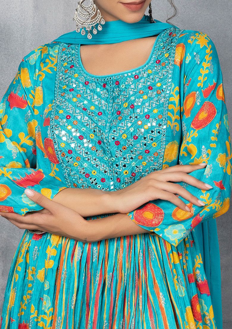 Turquoise Blue Embellished Anarkali Kurta With Chiffon Dupatta