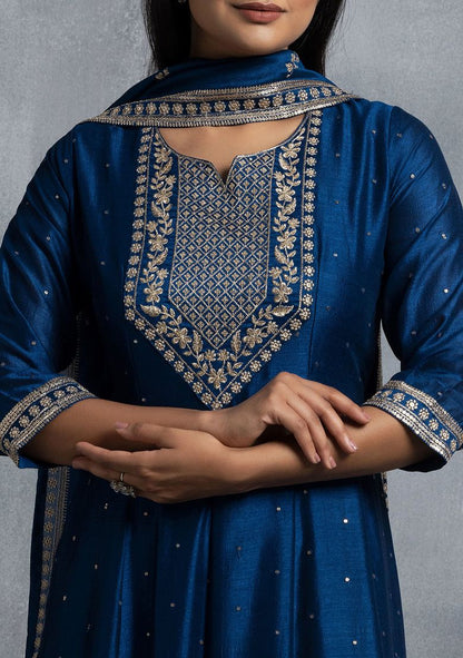 Blue Zari Embroidered Anarkali Kurta With Embroidered Dupatta