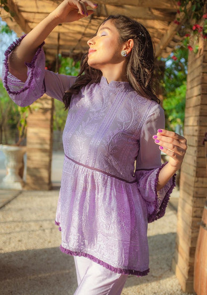 MONK AND MEI Purple Embroidered Georgette Chikankari Top And Tunic Set