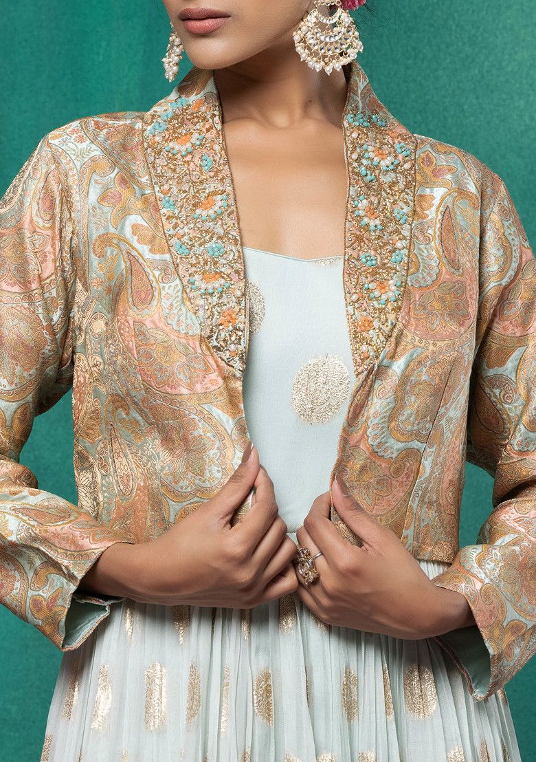 Light Green Printed Brocade Anarkali With Embroidered Short Jacket