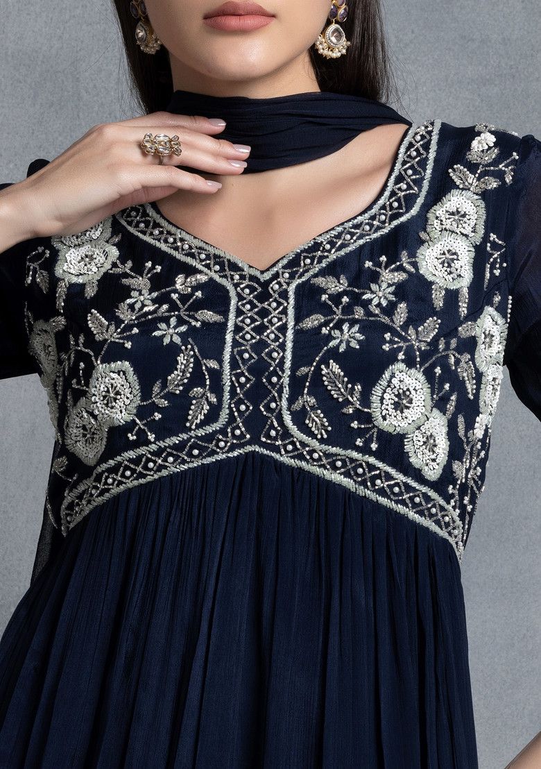 Navy Blue Floral Hand Embroidered Anarkali Kurta With Dupatta