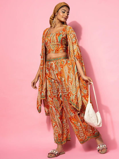 Orange Printed Silk Blend Co-Ords