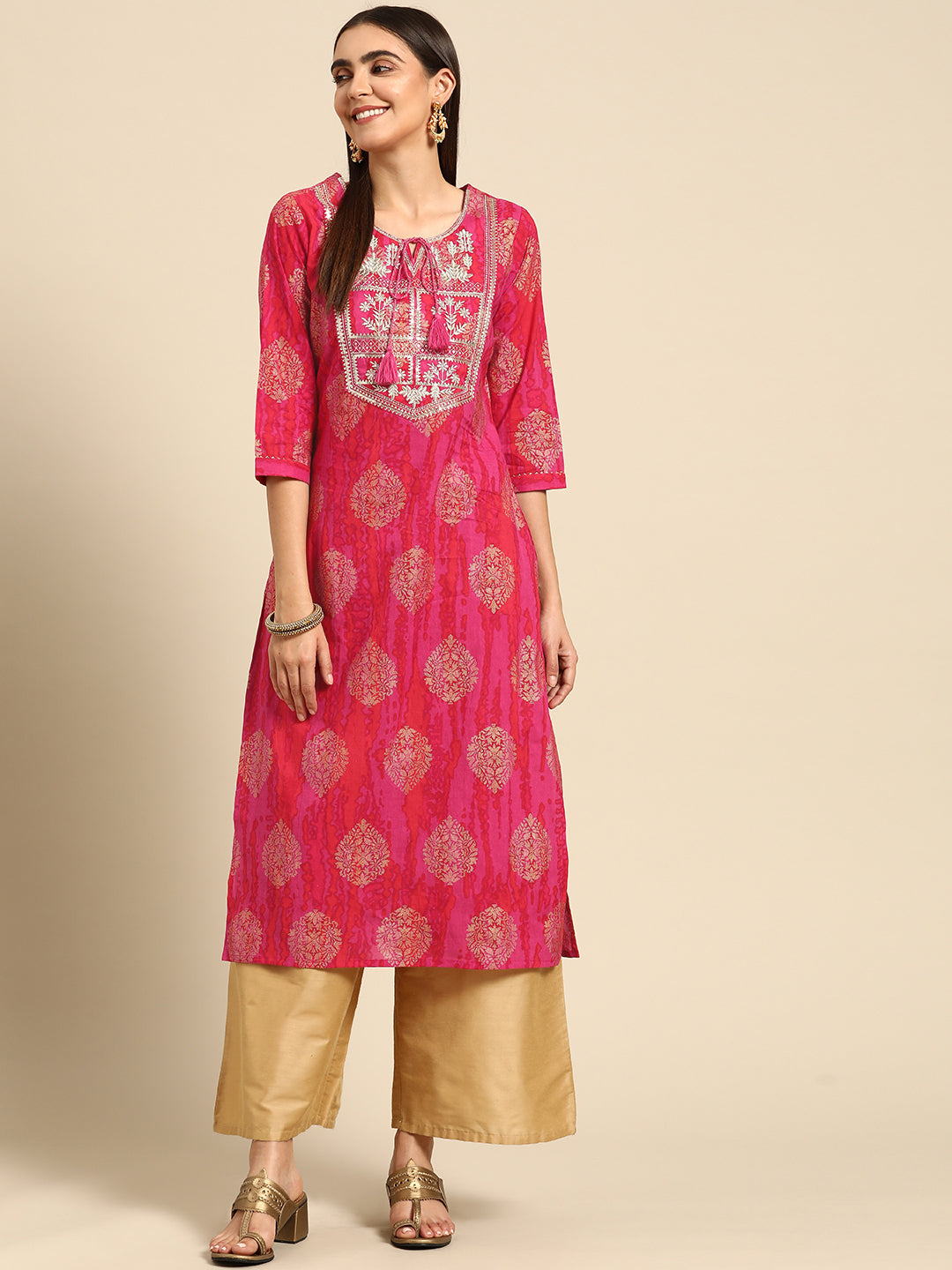 Ethnic Foil Printed & Embroidered Kurta - Fuschia Pink