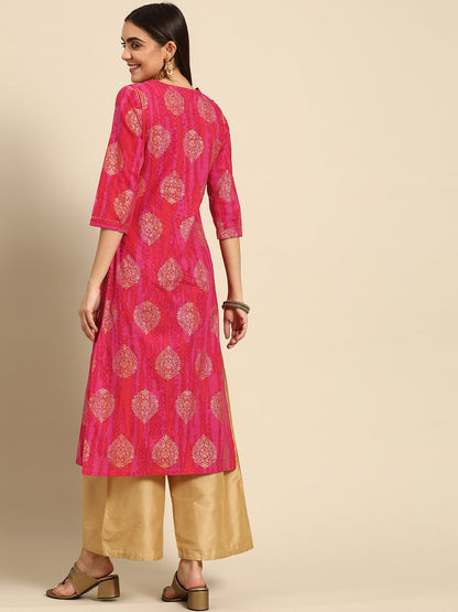 Ethnic Foil Printed & Embroidered Kurta - Fuschia Pink