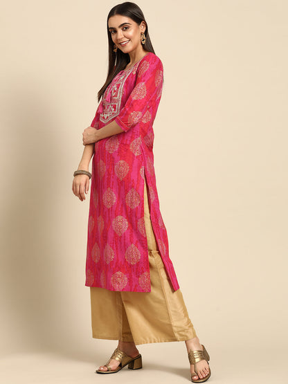 Ethnic Foil Printed & Embroidered Kurta - Fuschia Pink