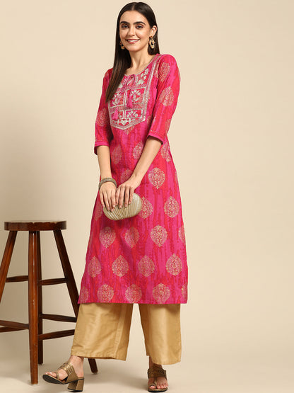 Ethnic Foil Printed & Embroidered Kurta - Fuschia Pink