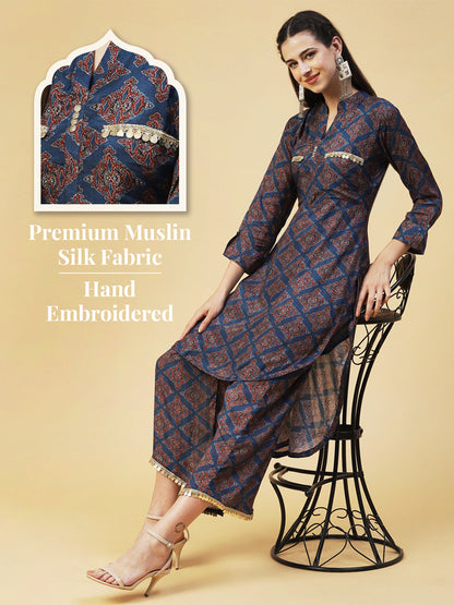 Ajarak Printed Hand Embroidered Asymmetric Hem Kurta With Pants - Indigo Blue