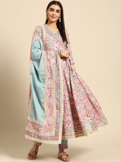 Printed Angarakha Flared Kurta with Ethnic Printed Pant & Dupatta – Pink