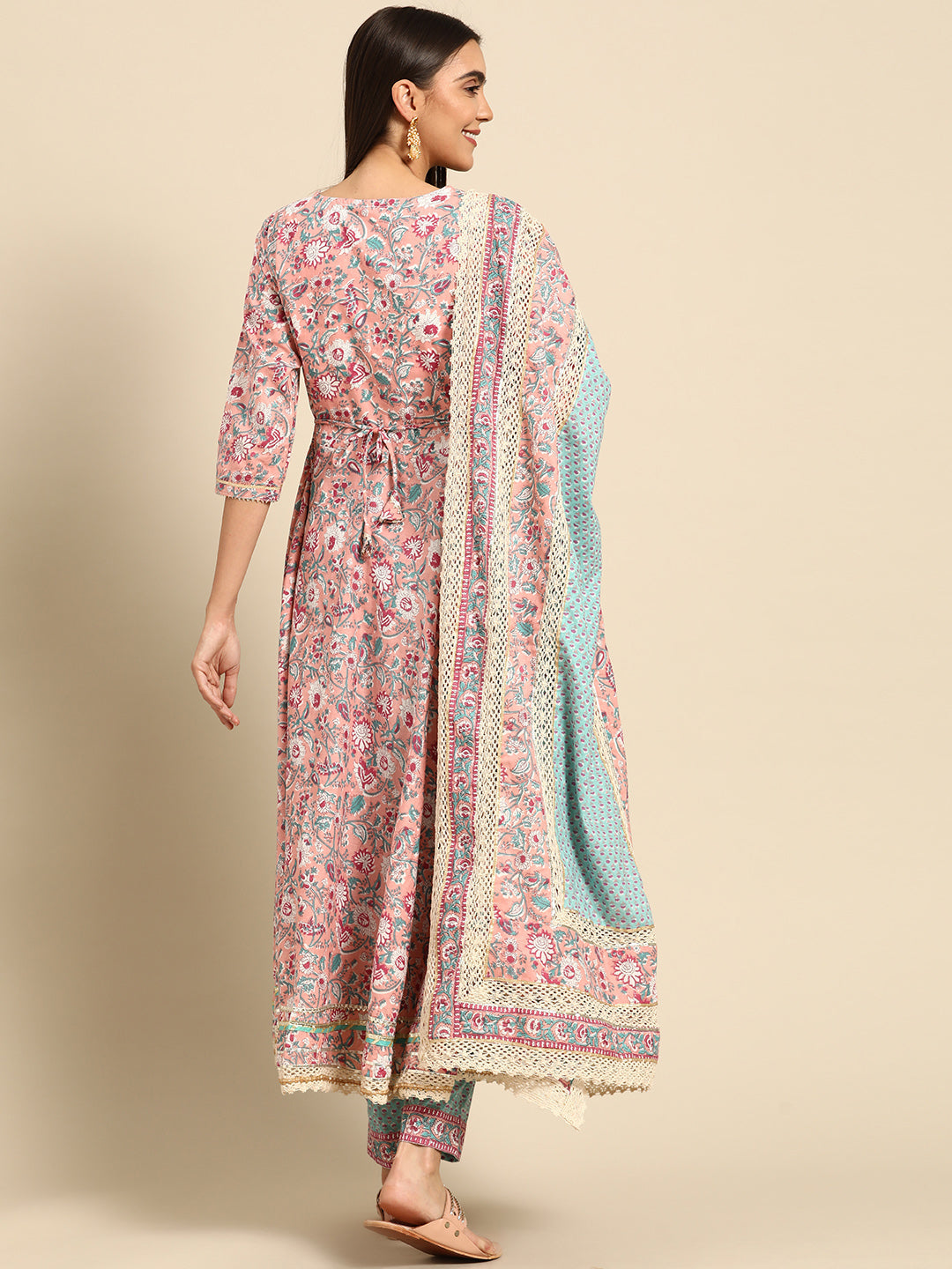 Printed Angarakha Flared Kurta with Ethnic Printed Pant & Dupatta – Pink