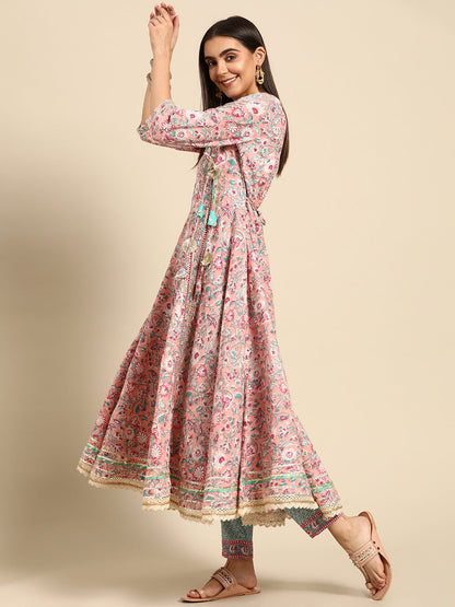 Printed Angarakha Flared Kurta with Ethnic Printed Pant & Dupatta – Pink