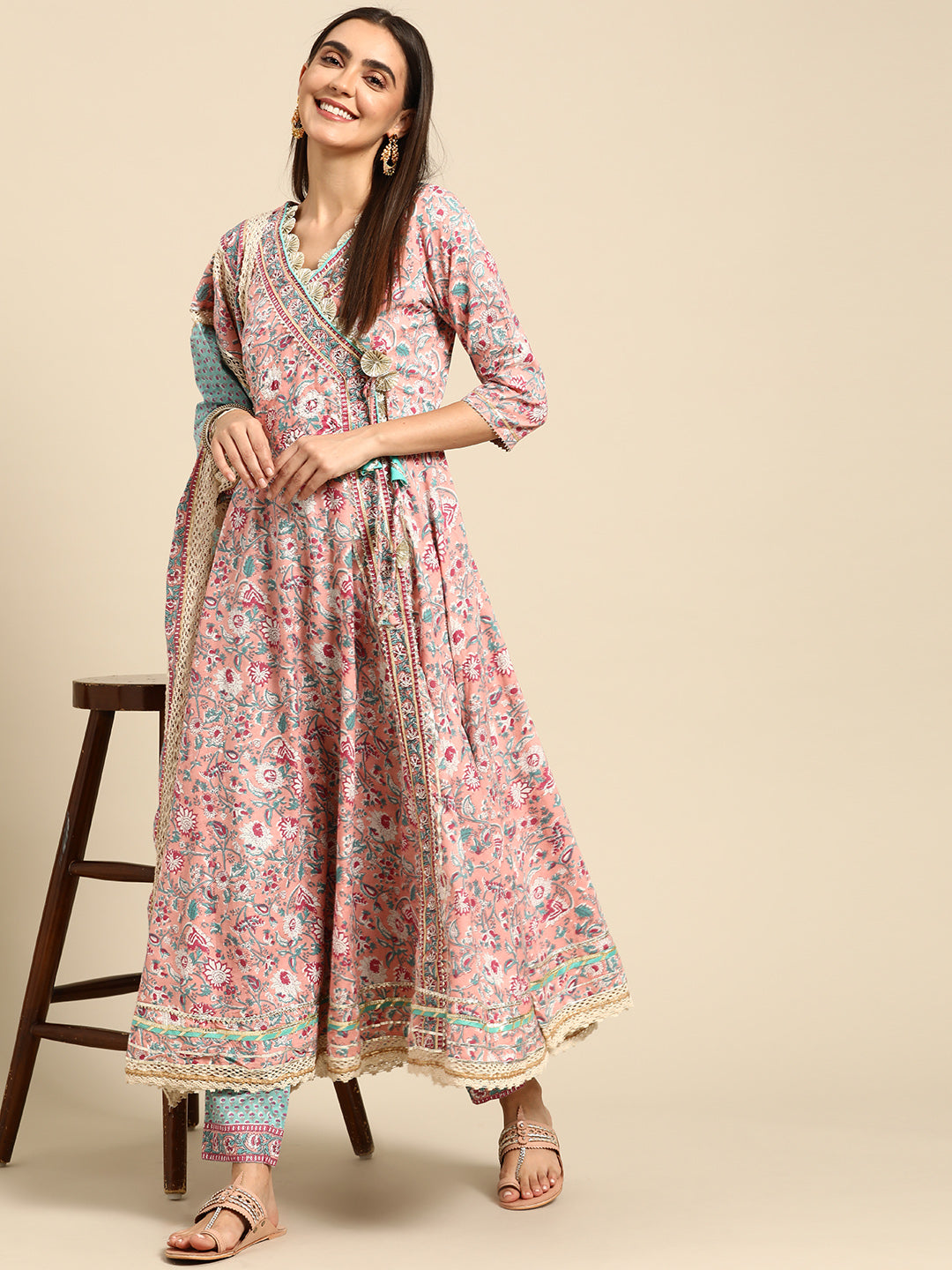 Printed Angarakha Flared Kurta with Ethnic Printed Pant & Dupatta – Pink