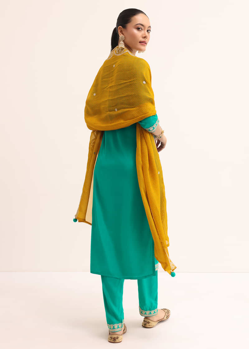 Aqua Green Cotton Silk Kurta Set With Dupatta