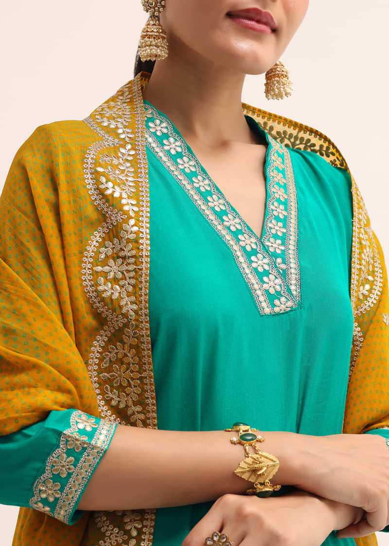 Aqua Green Cotton Silk Kurta Set With Dupatta