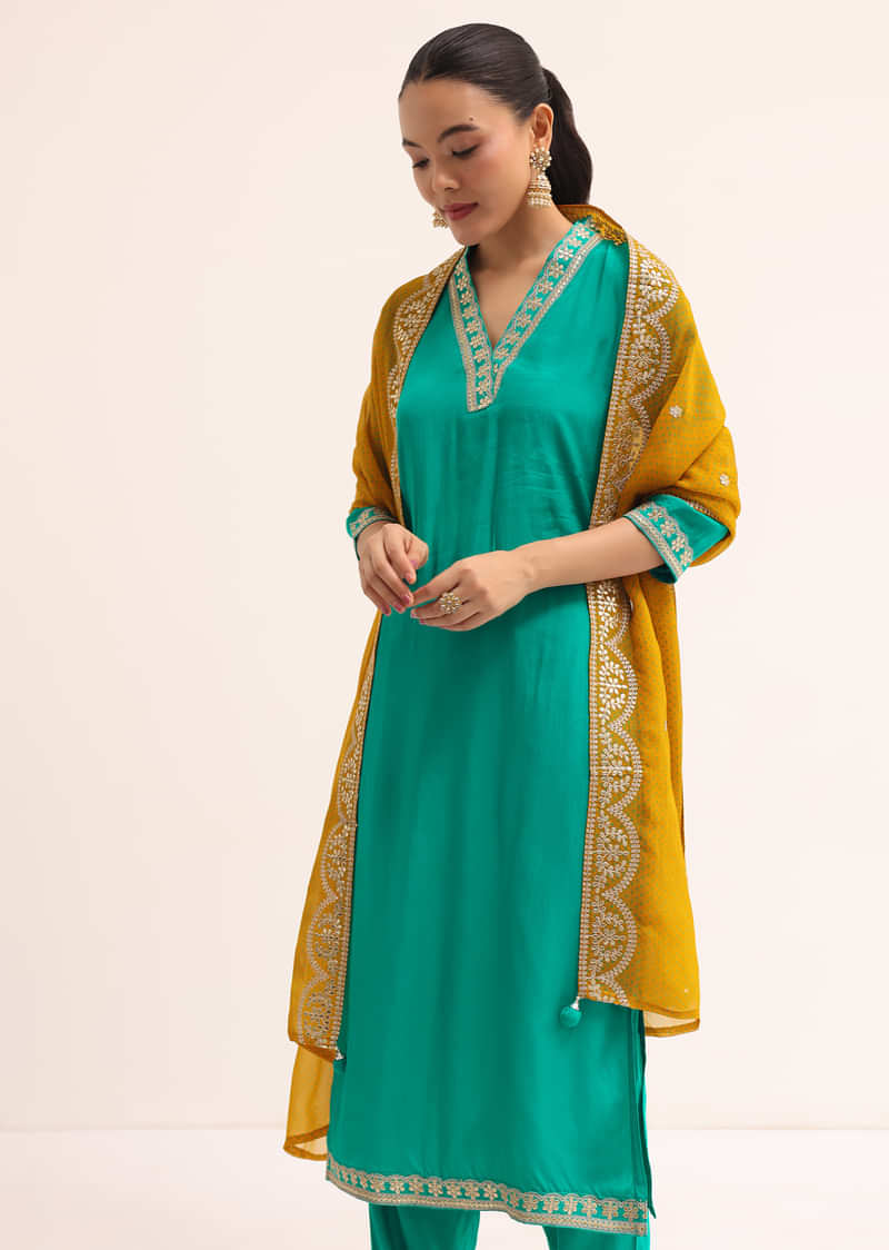 Aqua Green Cotton Silk Kurta Set With Dupatta