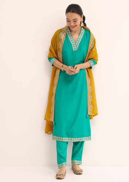 Aqua Green Cotton Silk Kurta Set With Dupatta