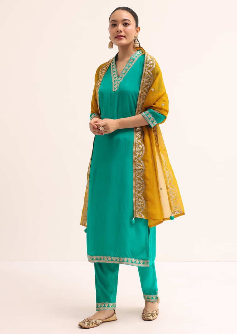 Aqua Green Cotton Silk Kurta Set With Dupatta