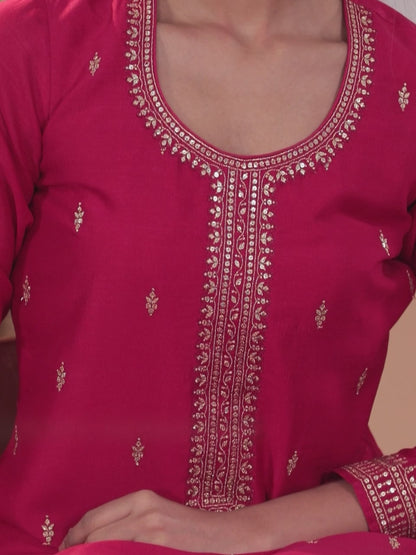 Pink Embroidered Silk Blend Straight Suit With Dupatta