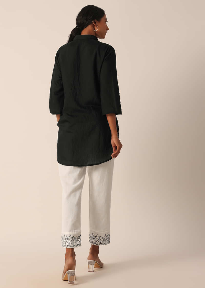 Black Cotton Embroidered Shirt And Pant Set