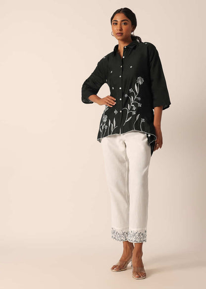 Black Cotton Embroidered Shirt And Pant Set