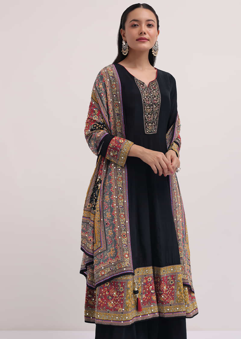 Black Embroidered Satin Kurta Palazzo Set