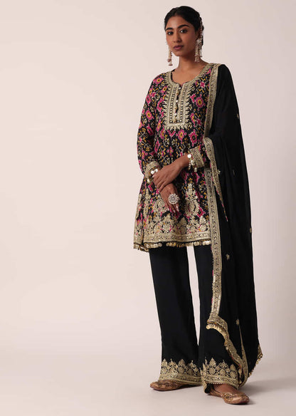 Black Muslin Zari Embroidered Pant Set