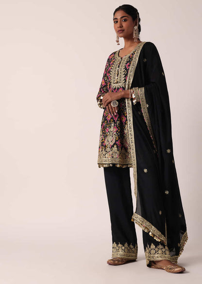 Black Muslin Zari Embroidered Pant Set