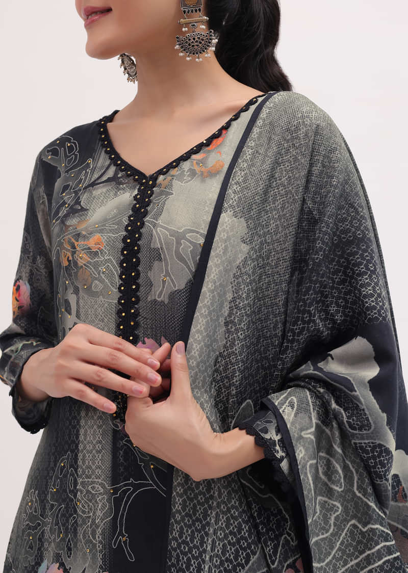 Black Printed Cotton Kurta Set