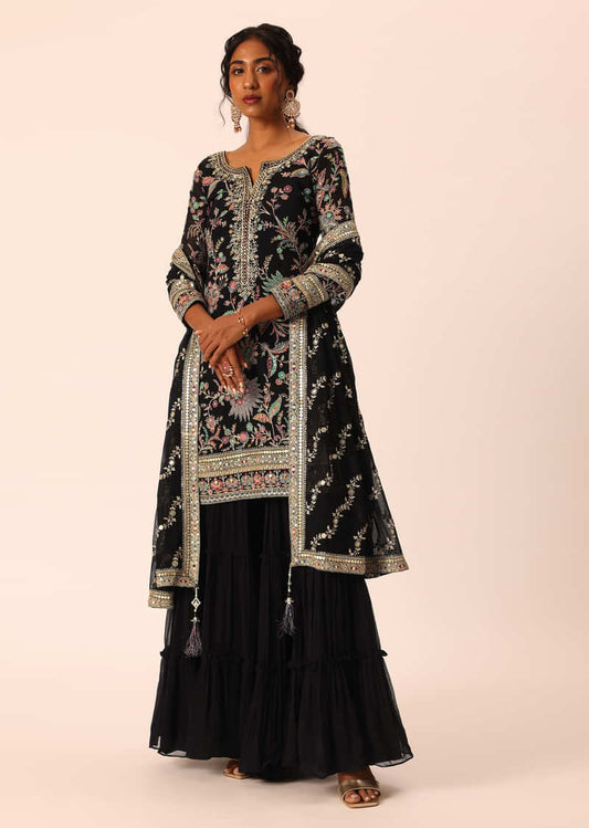 Black Sequin Embroidered Kurta Sharara Set