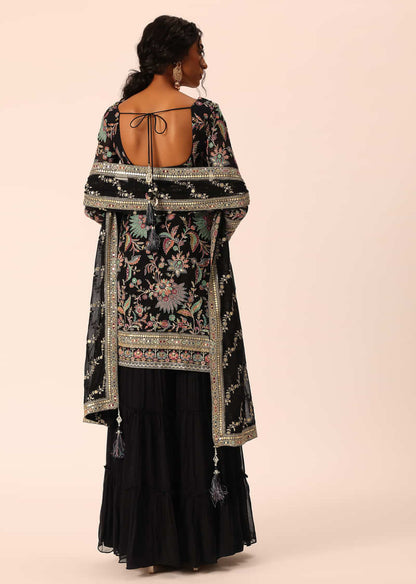 Black Sequin Embroidered Kurta Sharara Set