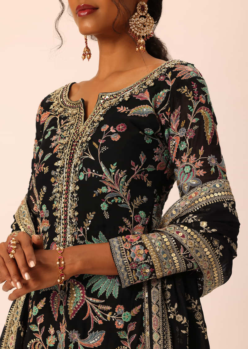 Black Sequin Embroidered Kurta Sharara Set