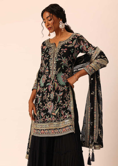 Black Sequin Embroidered Kurta Sharara Set