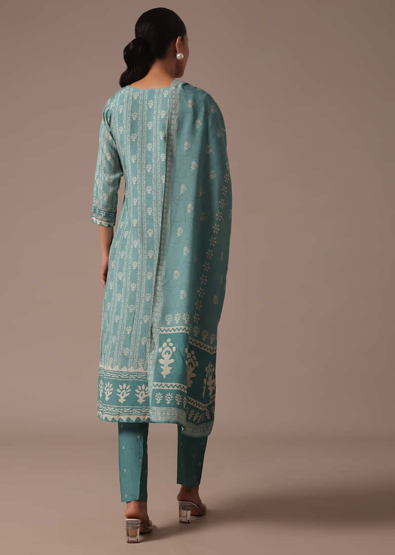 Blue Printed Cotton Kurta Pant Set