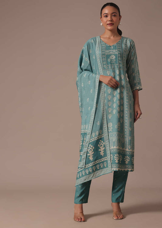 Blue Printed Cotton Kurta Pant Set