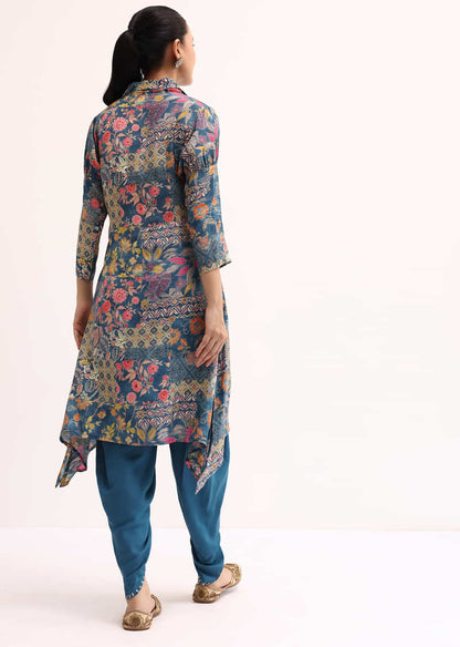 Blue Printed Crepe Kurta Dhoti