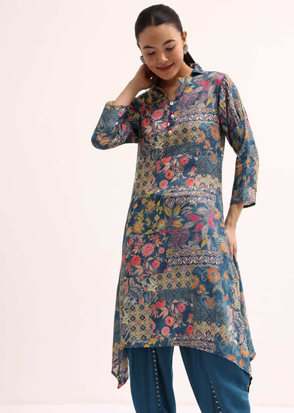 Blue Printed Crepe Kurta Dhoti