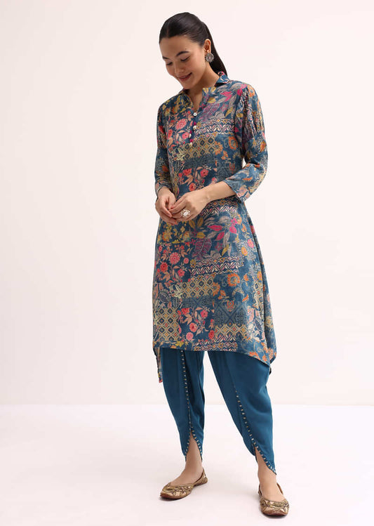 Blue Printed Crepe Kurta Dhoti