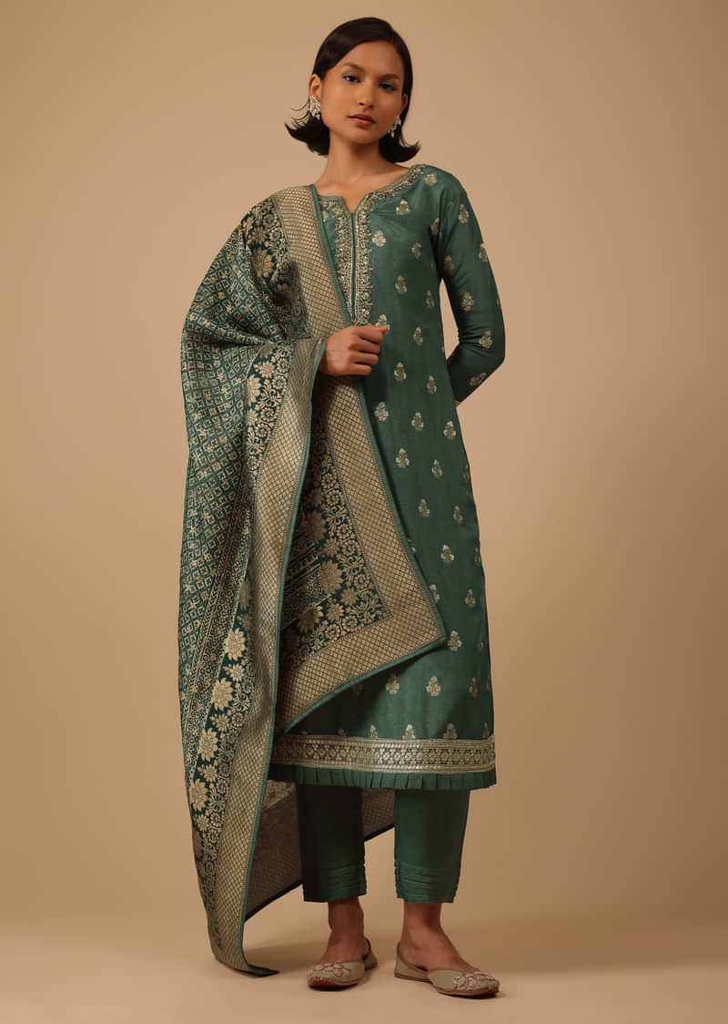 Deep Green Pant Suit Set In Silk With Brocade