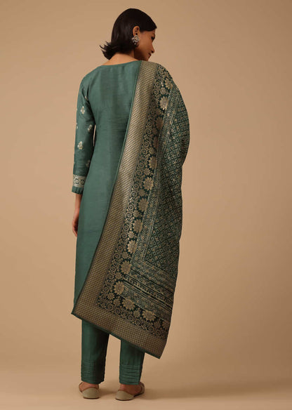 Deep Green Pant Suit Set In Silk With Brocade